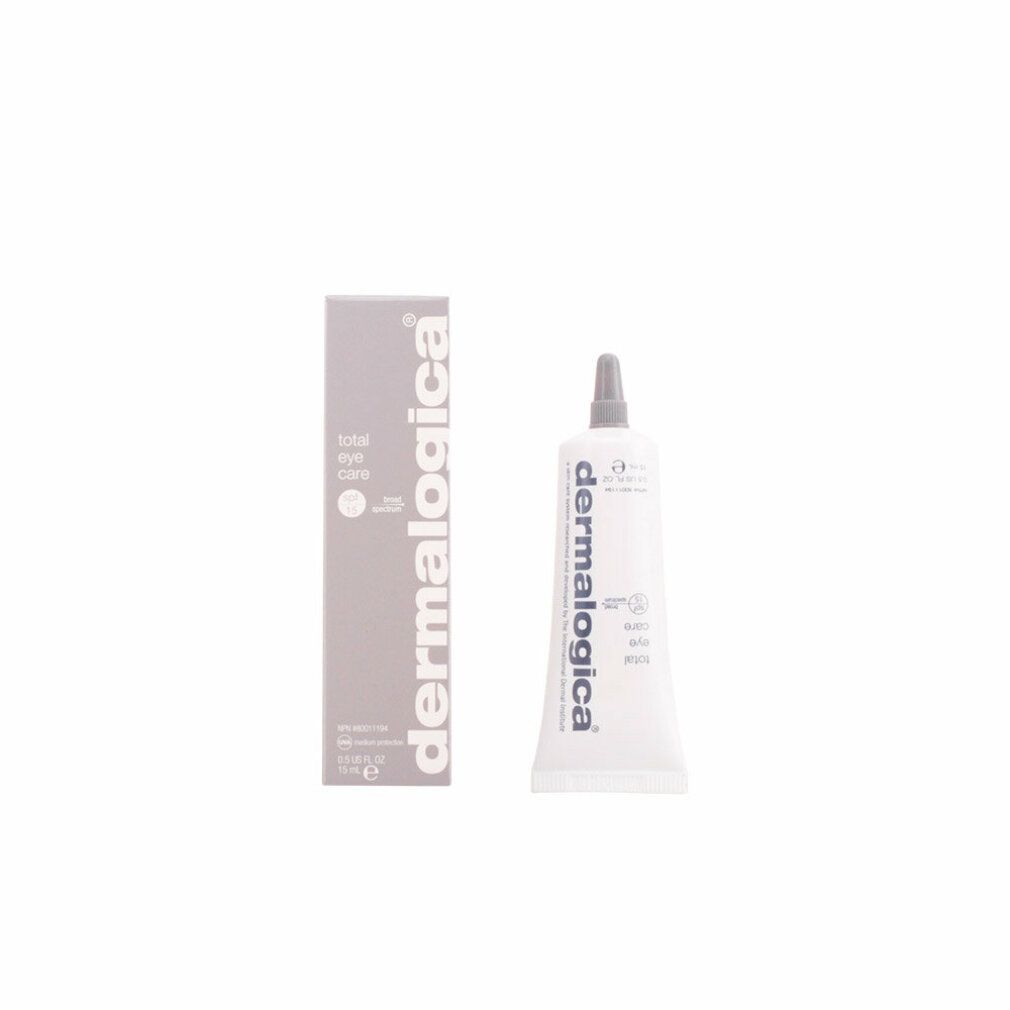 Graue Verpackung und Tube. Auf der Verpackung steht 'total eye care' und 'dermalogica'. Die Tube hat einen grauen Verschluss.