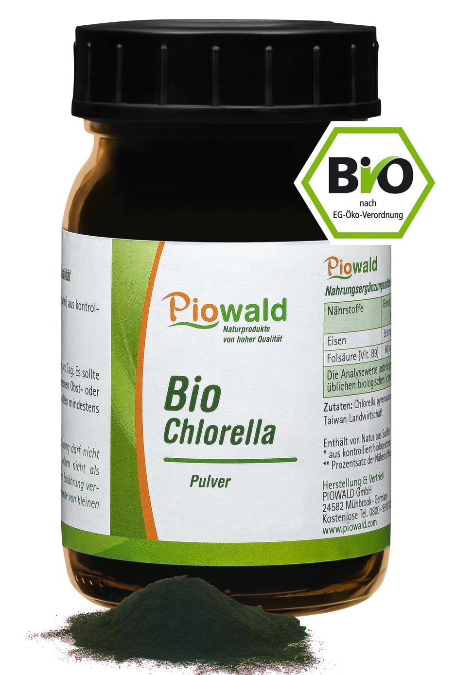 Braune Glasflasche mit schwarzem Deckel. Etikett mit "Bio Chlorella Pulver" und "Piowald" Logo. Bio-Siegel.