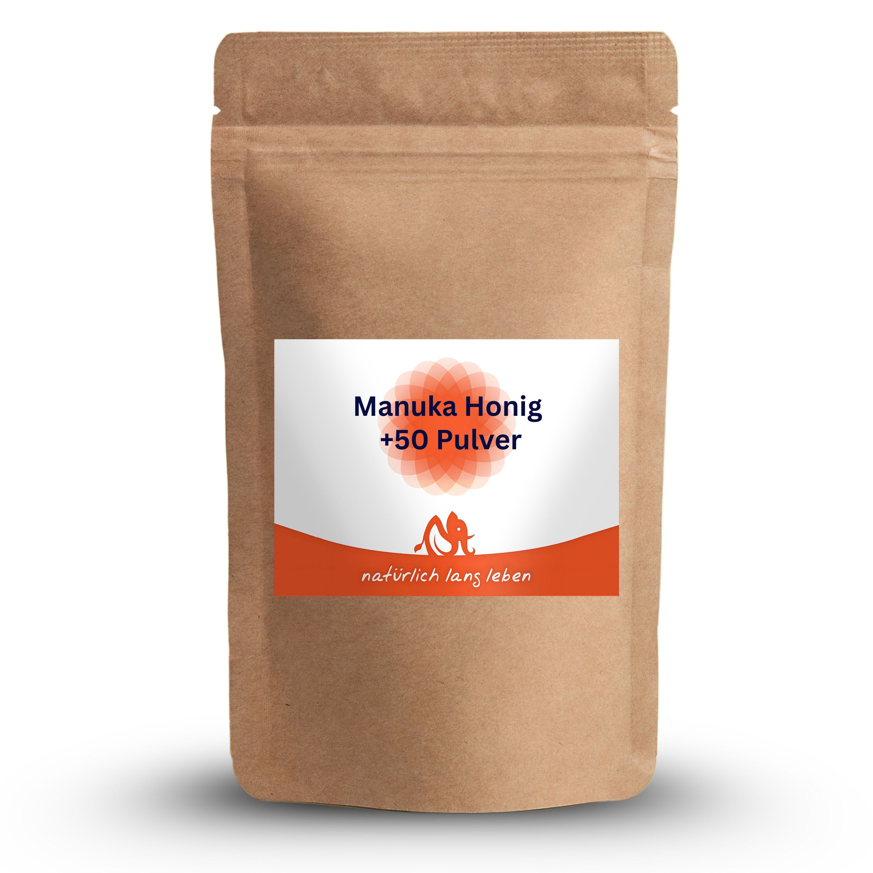 Beutel mit Etikett. Aufschrift: Manuka Honig +50 Pulver. Logo: natürlich lang leben.