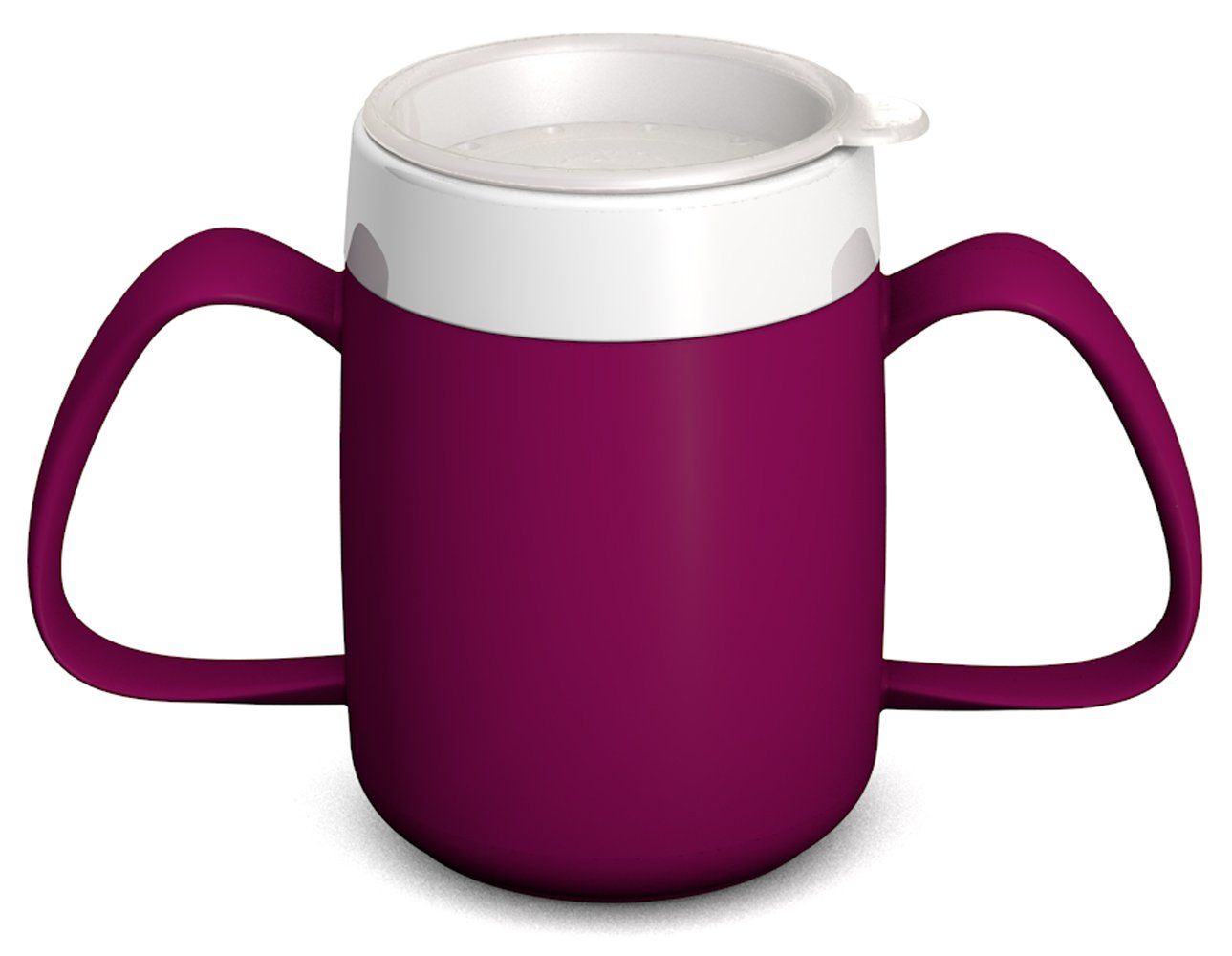 Becher mit zwei Henkeln, weiß-lila, mit Trinkaufsatz. Oberteil weiß, Unterteil lila. Zwei Henkel.