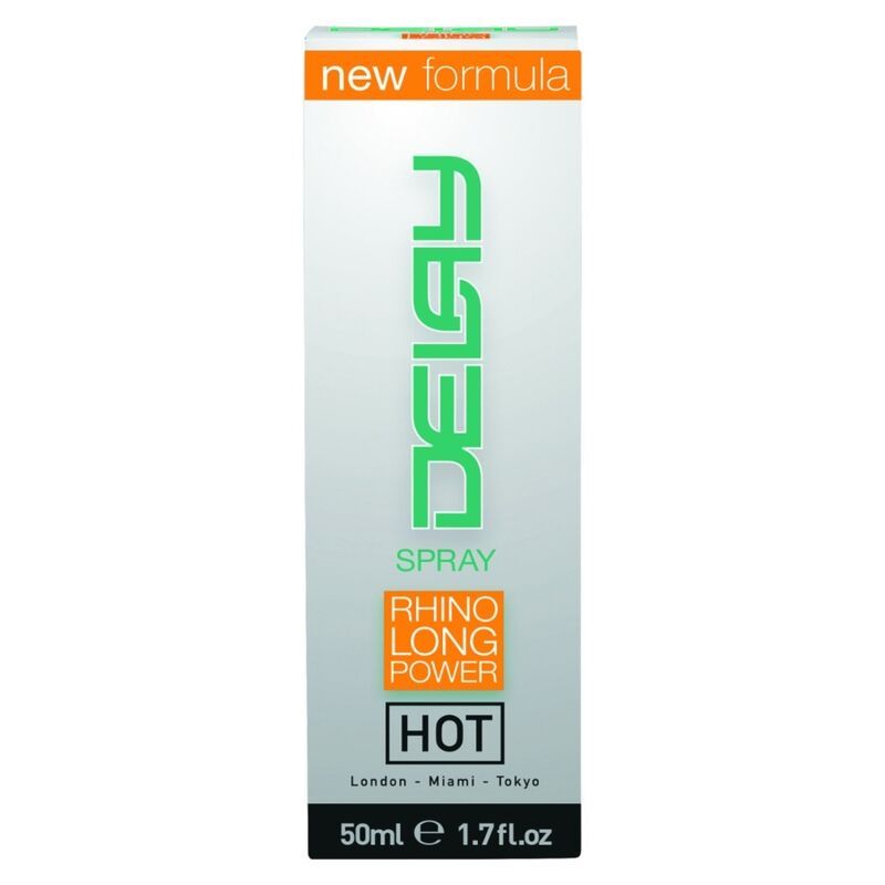 Graue Verpackung. Produktname: DELAY. Text: RHINO LONG POWER, HOT. Volumen: 50ml.