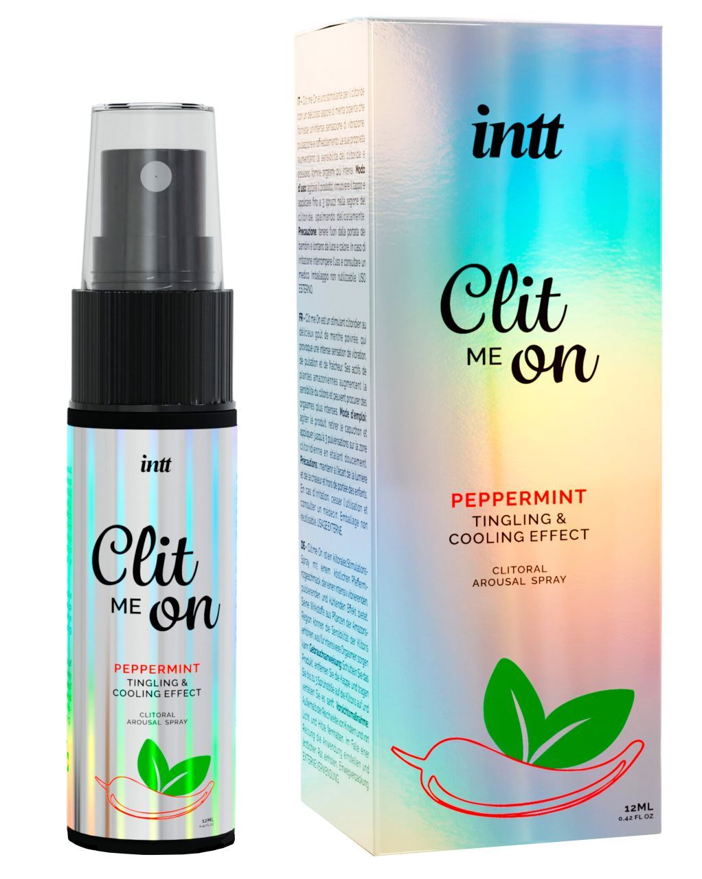 Sprayflasche und Verpackung. Aufschrift "intt Clit me on". Enthält Pfefferminze. Kühlender Effekt. Abbildung einer Chili mit Blättern.