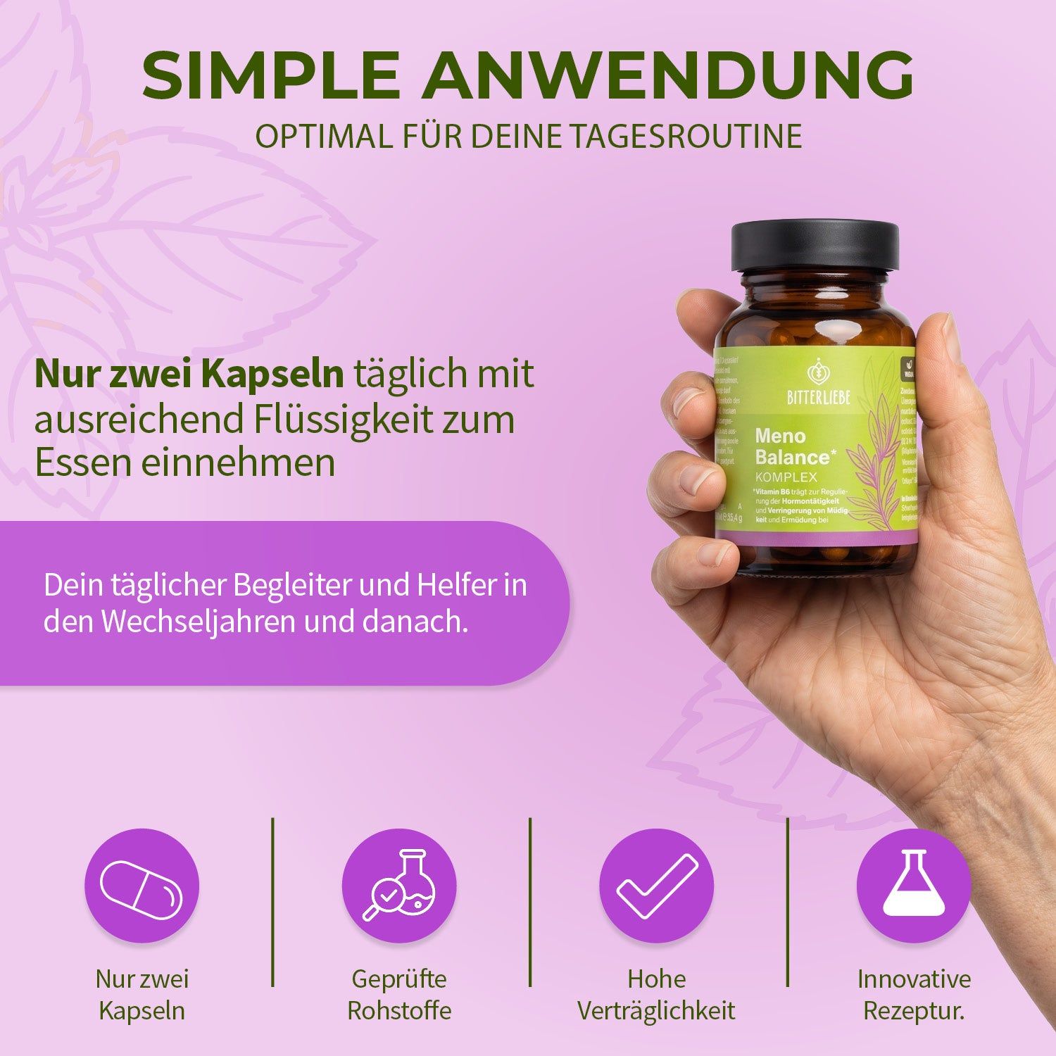 Hand hält eine Kapsel und eine Flasche Meno Balance Komplex. Text beschreibt einfache Anwendung.
