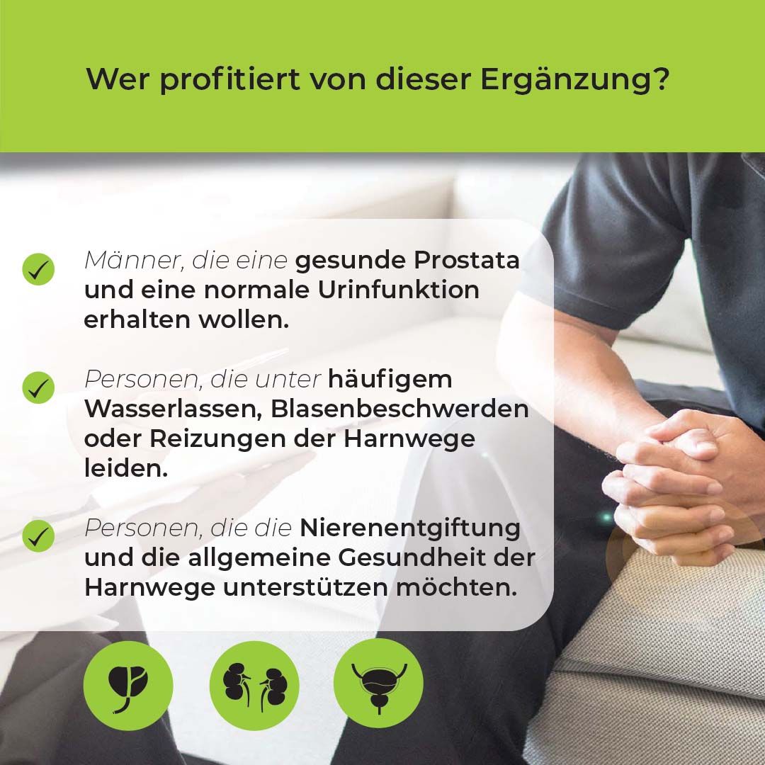 Text: Wer profitiert von dieser Ergänzung? Männer, Personen mit Harnwegsproblemen. Illustrationen.