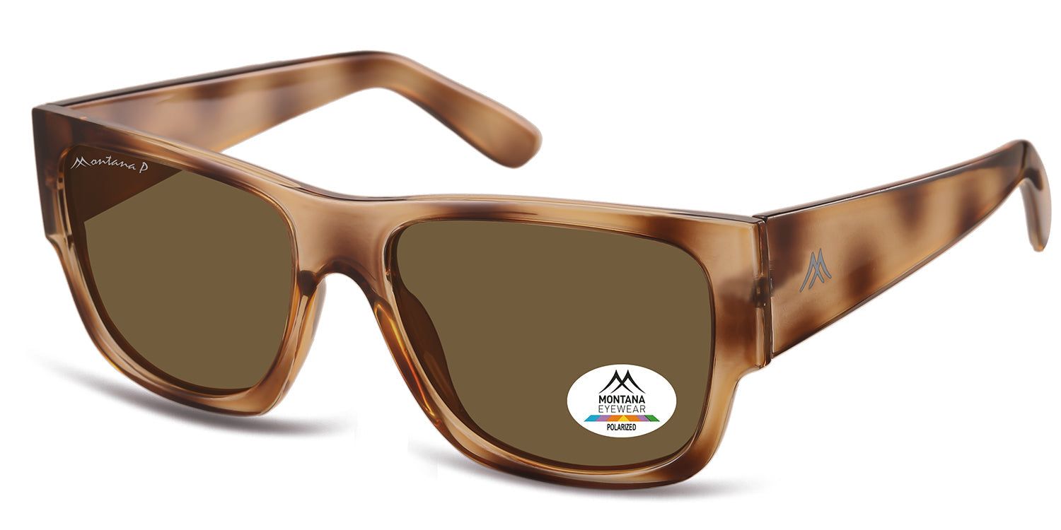 Braune Sonnenbrille mit rechteckigen Gläsern. Montana Eyewear Logo auf dem Bügel und Glas. Polarisiert.