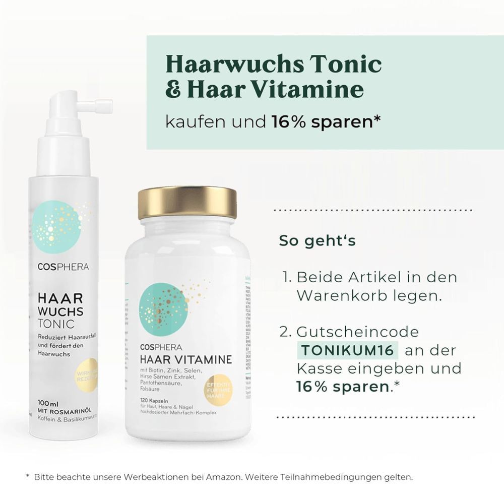 Haarwuchs Tonic Flasche und Haar Vitamine Dose. Text: Kaufen und 16% sparen. Gutscheincode: TONIKUM16.
