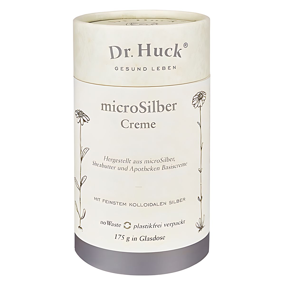 Emballage cylindrique avec inscription Dr. Huck microSilber Creme. Illustrations florales et couvercle argenté.
