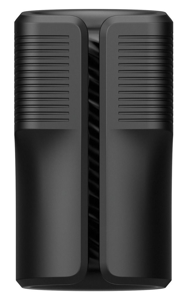 Schwarzes Gerät mit geriffelter Oberfläche. Zwei zylindrische Teile, verbunden durch einen zentralen Bereich.