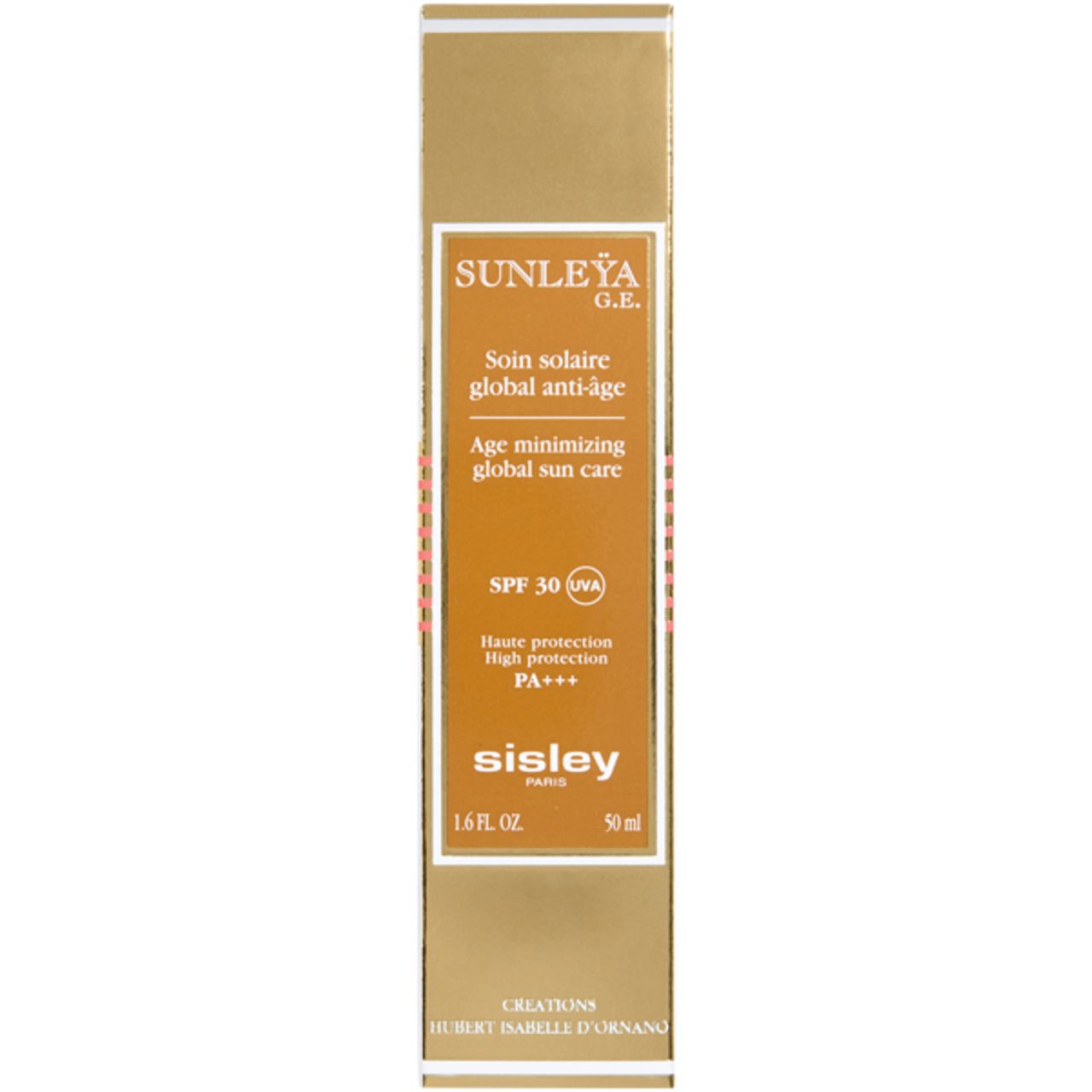 Goldfarbene Verpackung mit Aufschrift: SUNLEYA G.E., Soin solaire global anti-âge, SPF 30, PA+++, sisley. 50 ml.