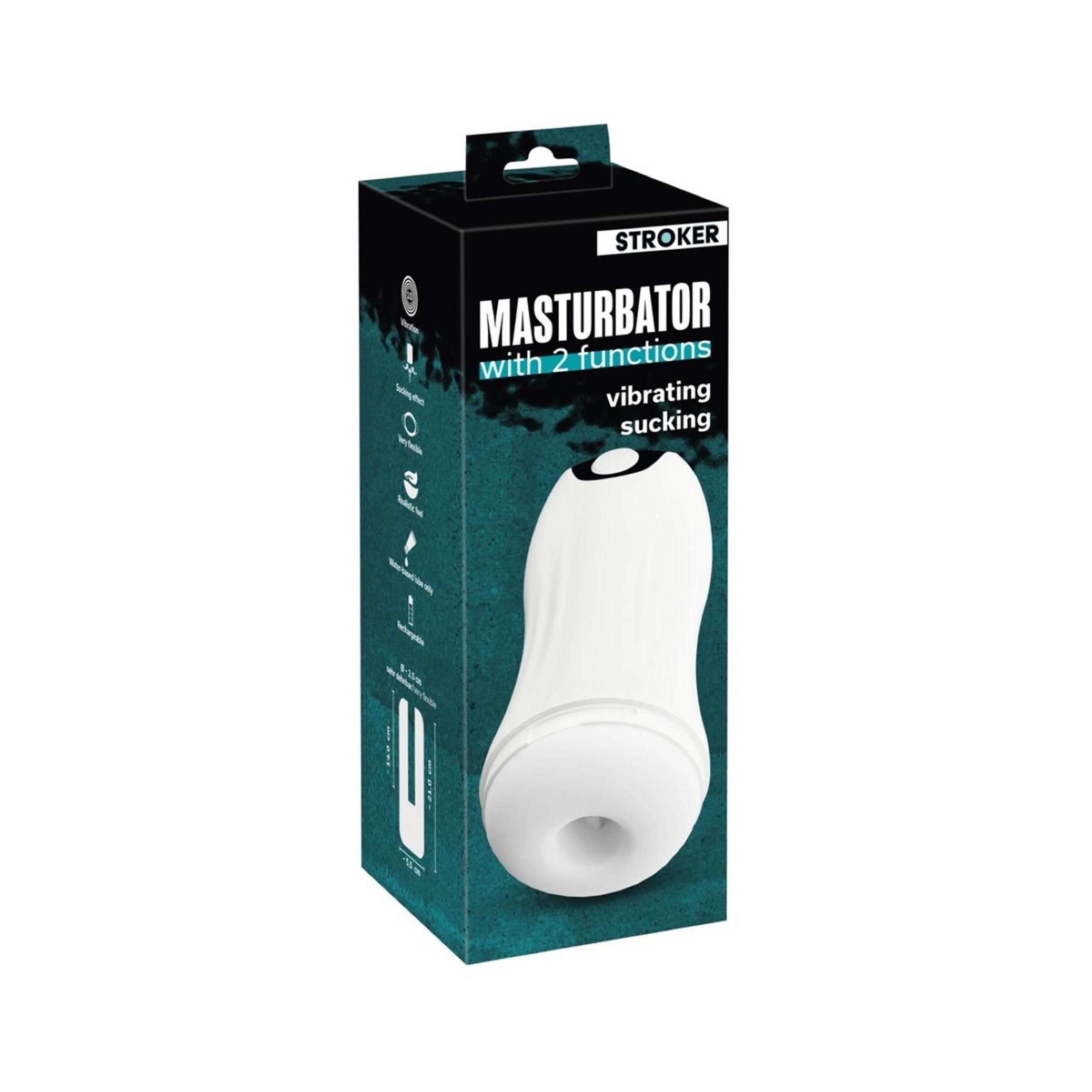 Verpackung des Stroker Masturbators mit Schutzkappe, zeigt Produktabbildung und Funktionen.
