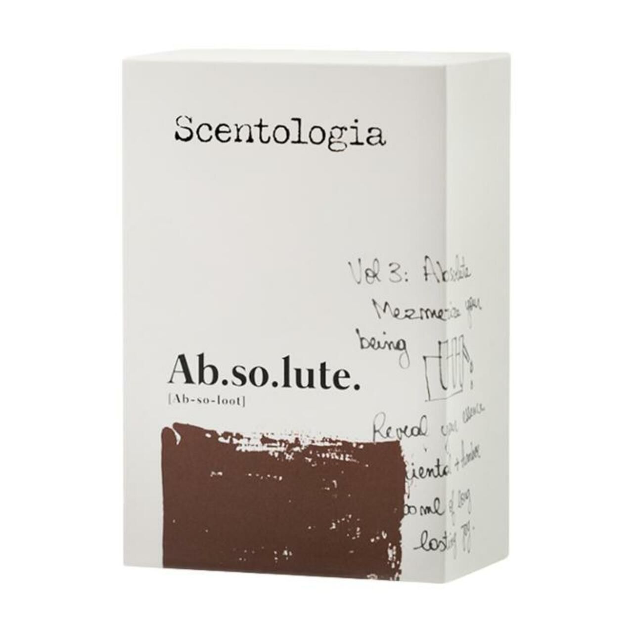 Weißer Karton mit "Scentologia" und "Ab.so.lute.". Brauner Bereich und handschriftliche Notizen.