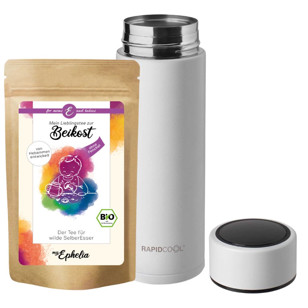 Weiße Thermosflasche mit schwarzem Deckel. Braune Teeverpackung mit Aufdruck. Logo: myEphelia. Text: Mein Lieblingstee zur Beikost.