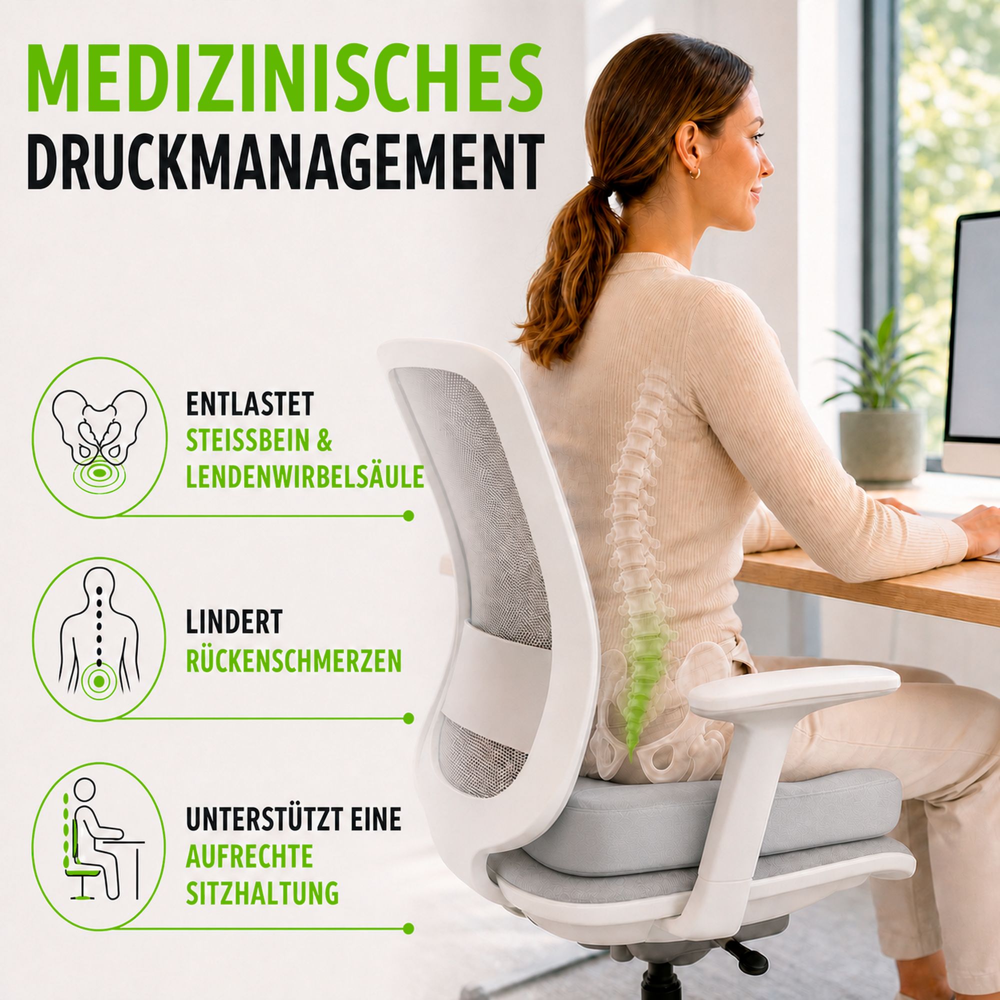 Frau sitzt am Schreibtisch. Infografik zeigt Druckentlastung für Steißbein und Lendenwirbelsäule.