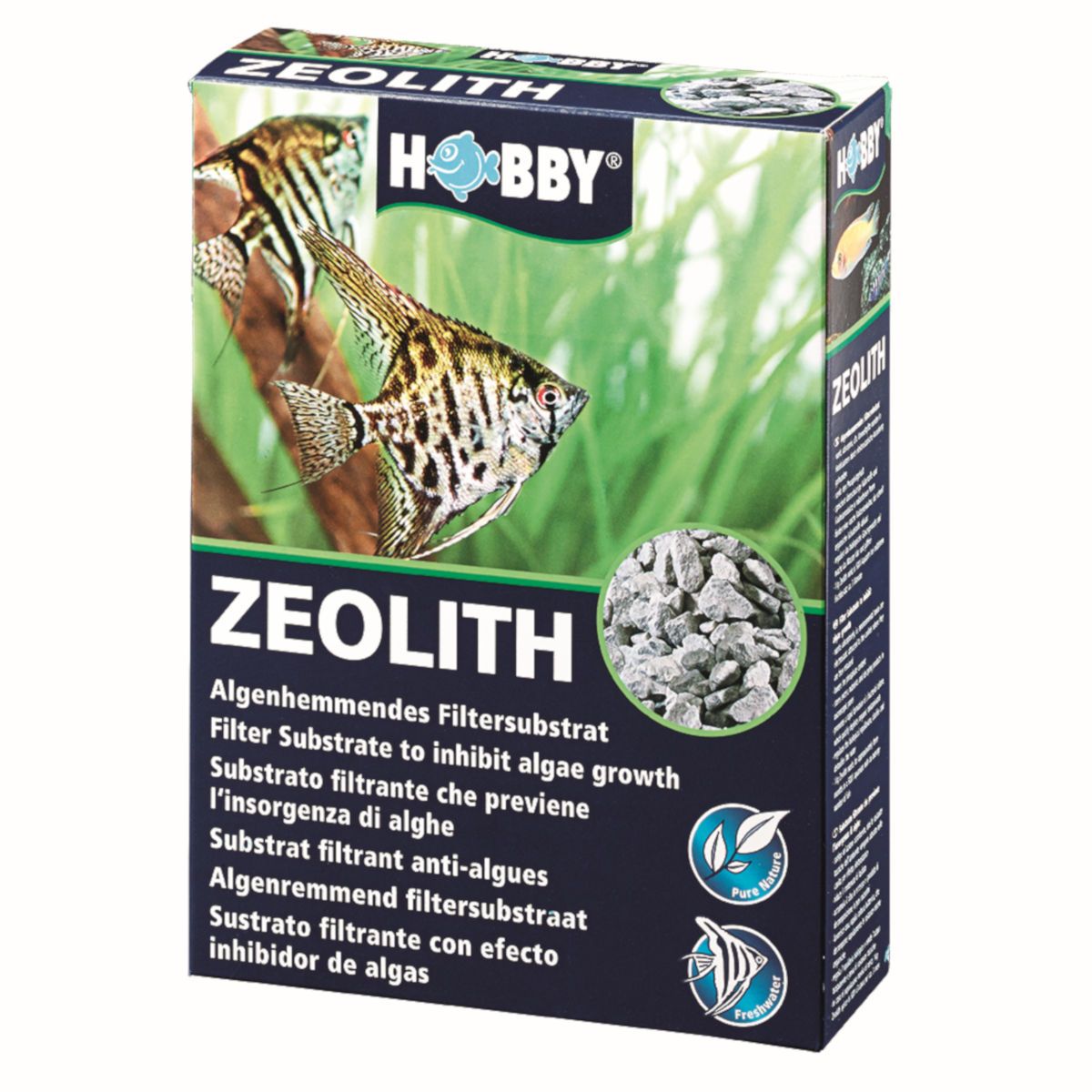 Verpackung mit "Hobby Zeolith". Fischmotiv. Text: "Algenhemmendes Filtersubstrat".