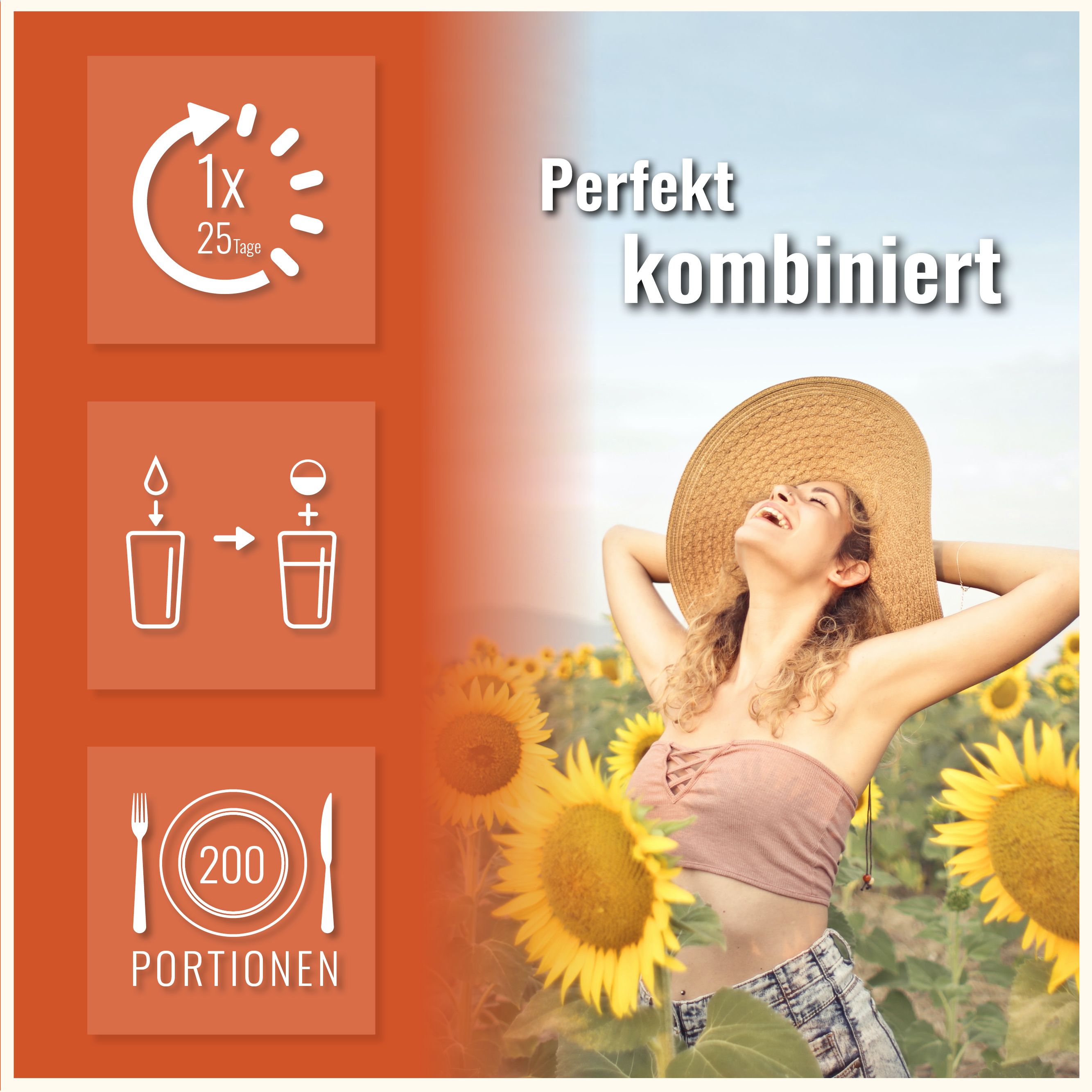 Frau mit Sonnenhut in einem Sonnenblumenfeld. Grafiken zeigen: 1x25 Tage, Glas Wasser, 200 Portionen.