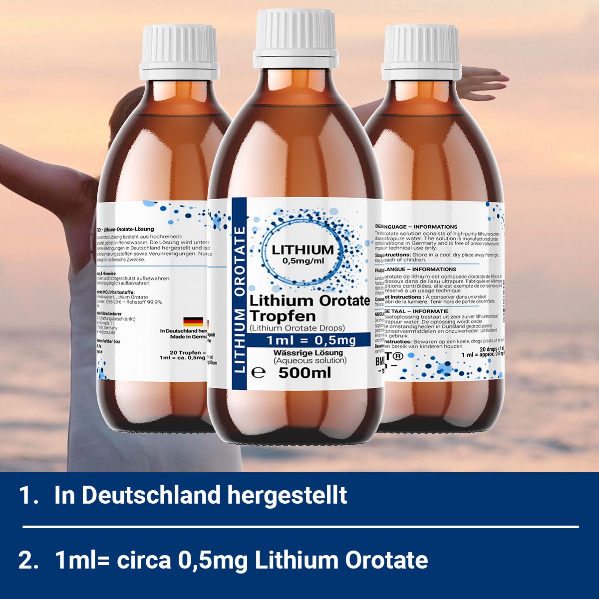 Drei Braunglasflaschen mit Etikett. Enthält Lithium Orotate Tropfen. Text: 1ml = 0,5mg. In Deutschland hergestellt. 500ml.