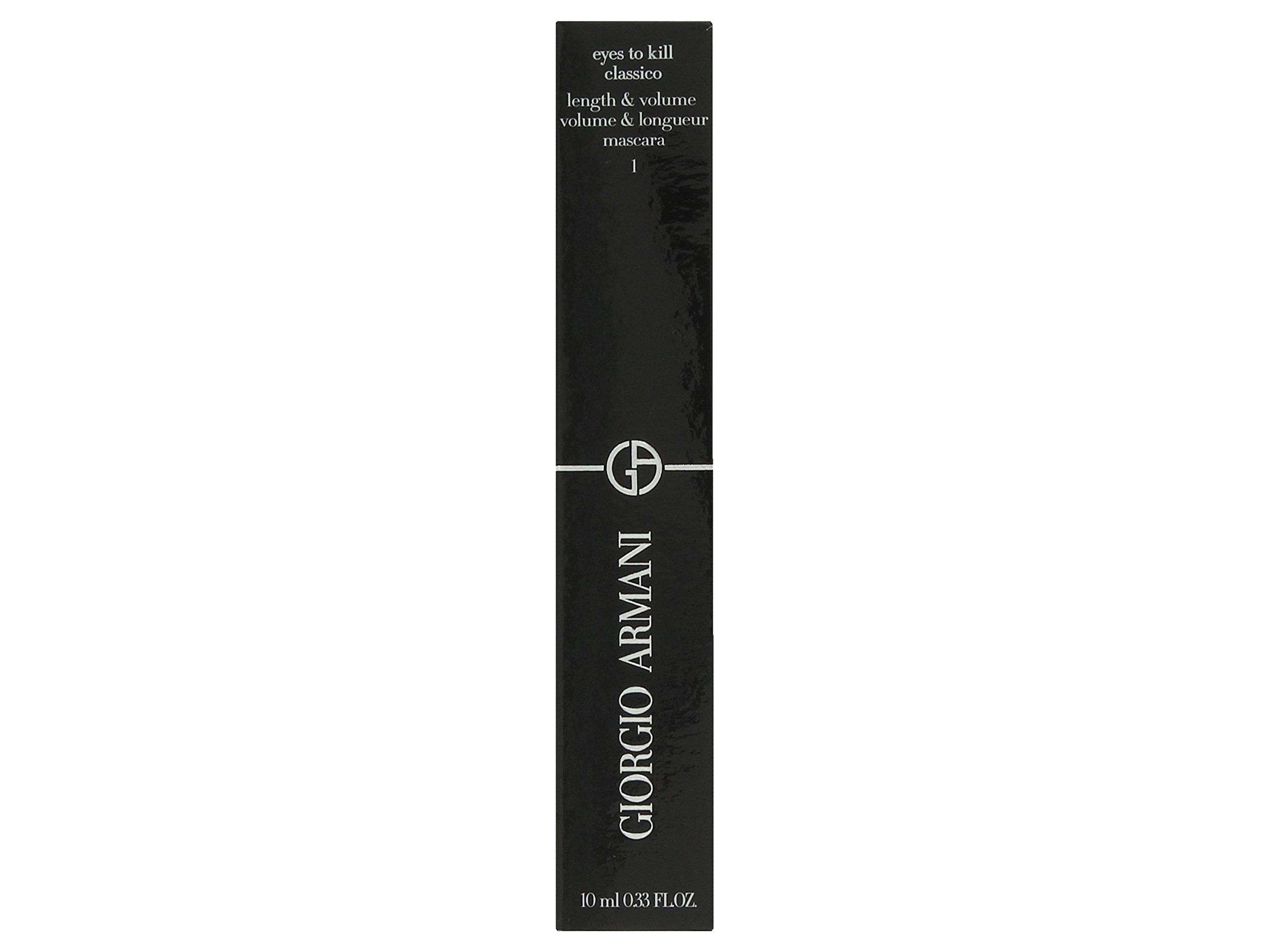 Schwarze Mascara-Verpackung. Text: Giorgio Armani, Eyes to Kill Classico, 10 ml.