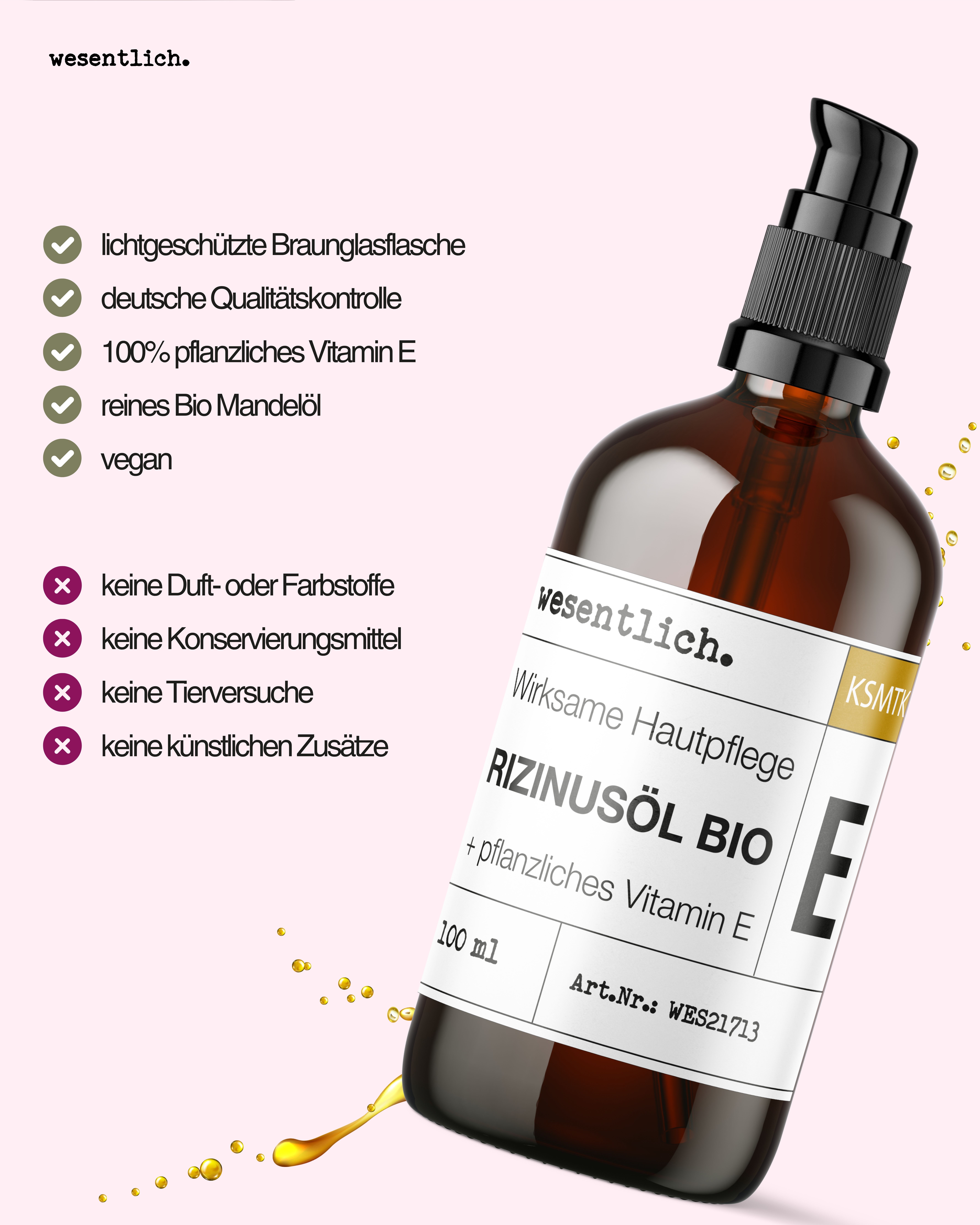 Braunglasflasche mit Pumpe. Beschriftung: Rizinusöl Bio + Vitamin E. Zusätzliche Informationen.