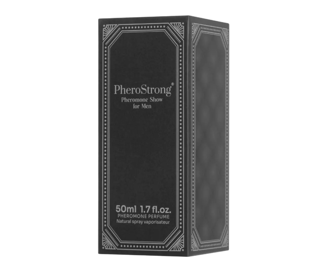 Schwarze Schachtel mit silbernen Verzierungen. Aufschrift: PheroStrong Pheromone Show for Men. 50ml 1.7 fl.oz.