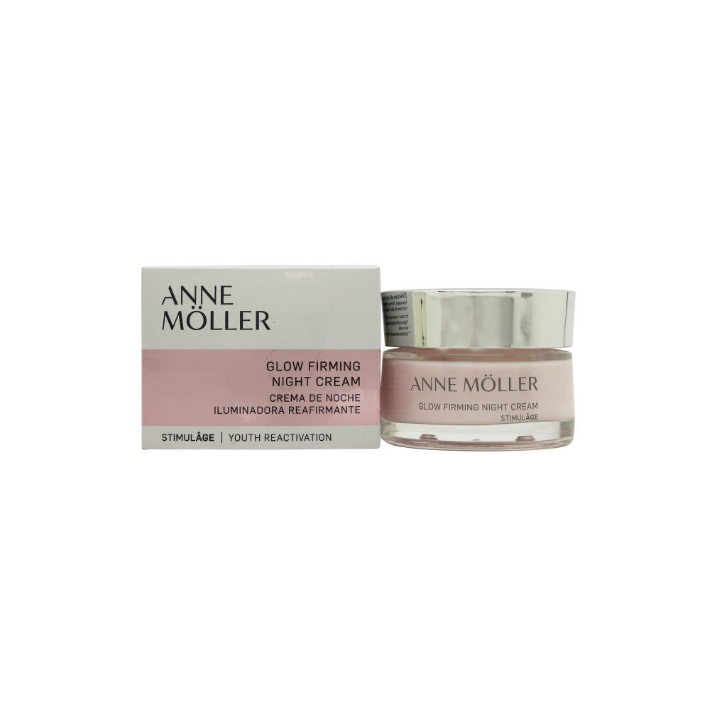Creme-Glas und Karton. Aufschrift: ANNE MÖLLER, Glow Firming Night Cream, Stimulâge. Karton mit Produktnamen und Logo. Rosa Creme.