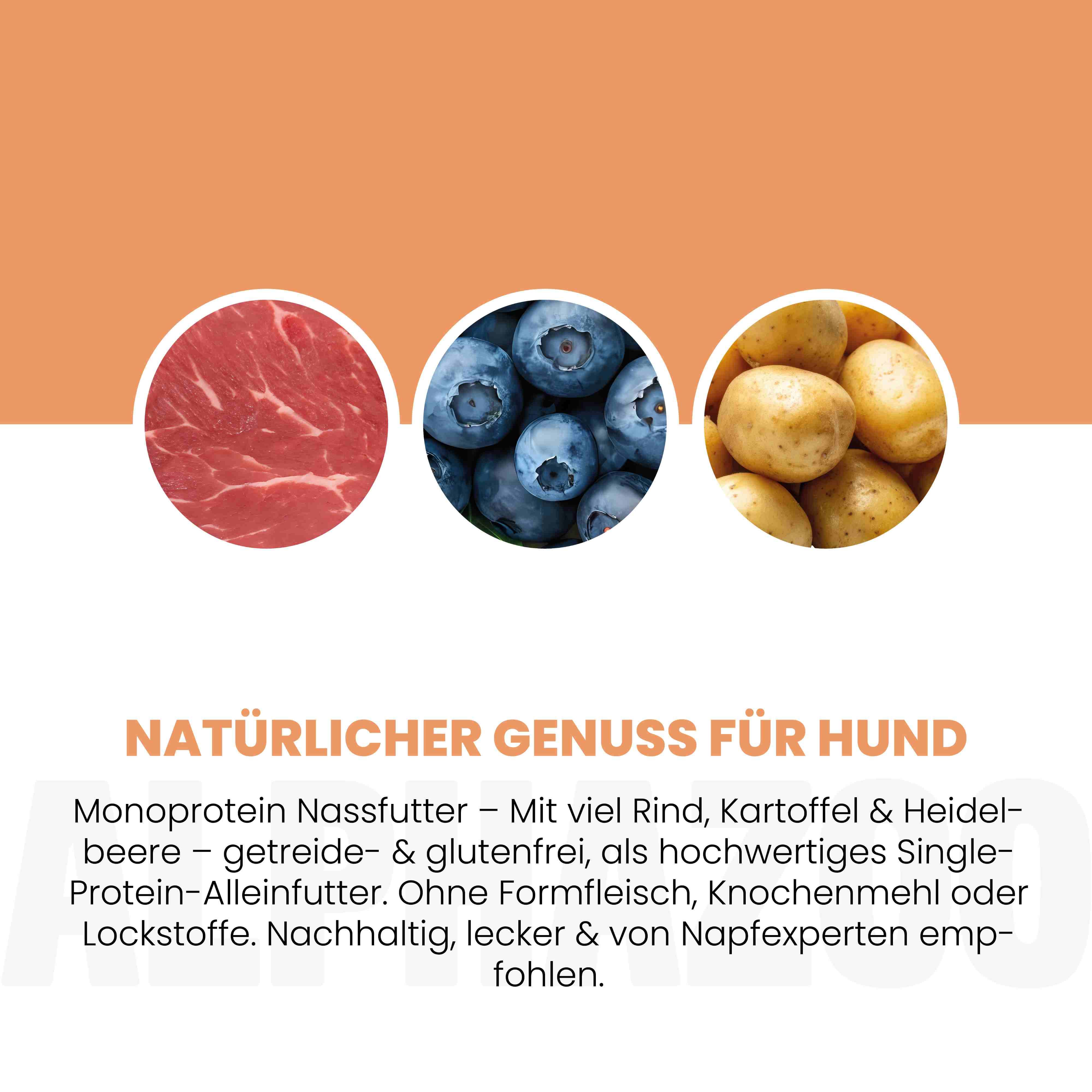 Nahaufnahme von Rindfleisch, Blaubeeren und Kartoffeln. Text: Natürlicher Genuss für Hunde. Monoprotein Nassfutter.