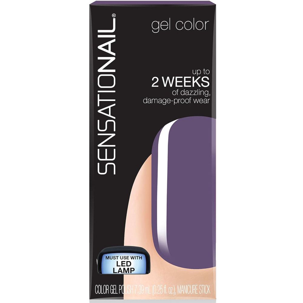 Schachtel mit Sensationail Farb-Gel-Nagellack. Lila Nagellack-Beispiel. Text: "Gel Color", "2 Weeks of dazzling, damage-proof wear".
