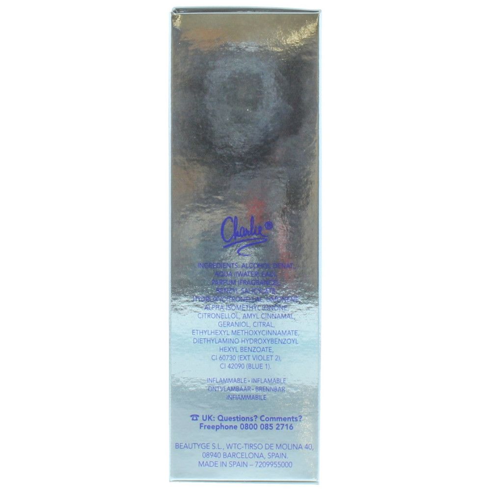 Schachtelrückseite mit Inhaltsstoffen und Kontaktinformationen. Text: Charlie, Inhaltsstoffe, Beautyge S.L., Made in Spain.