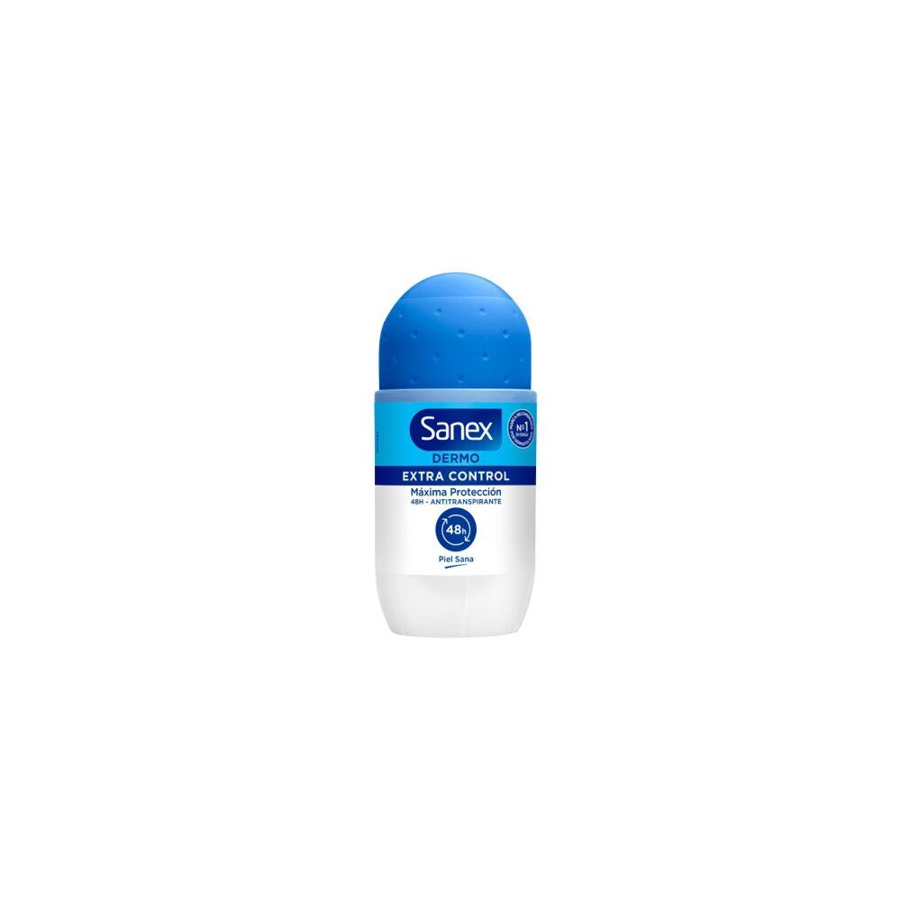 Sanex Dermo Extra Control Roll-On. Blaue Kappe, weißer Behälter. Text: Extra Control, pH Balance.
