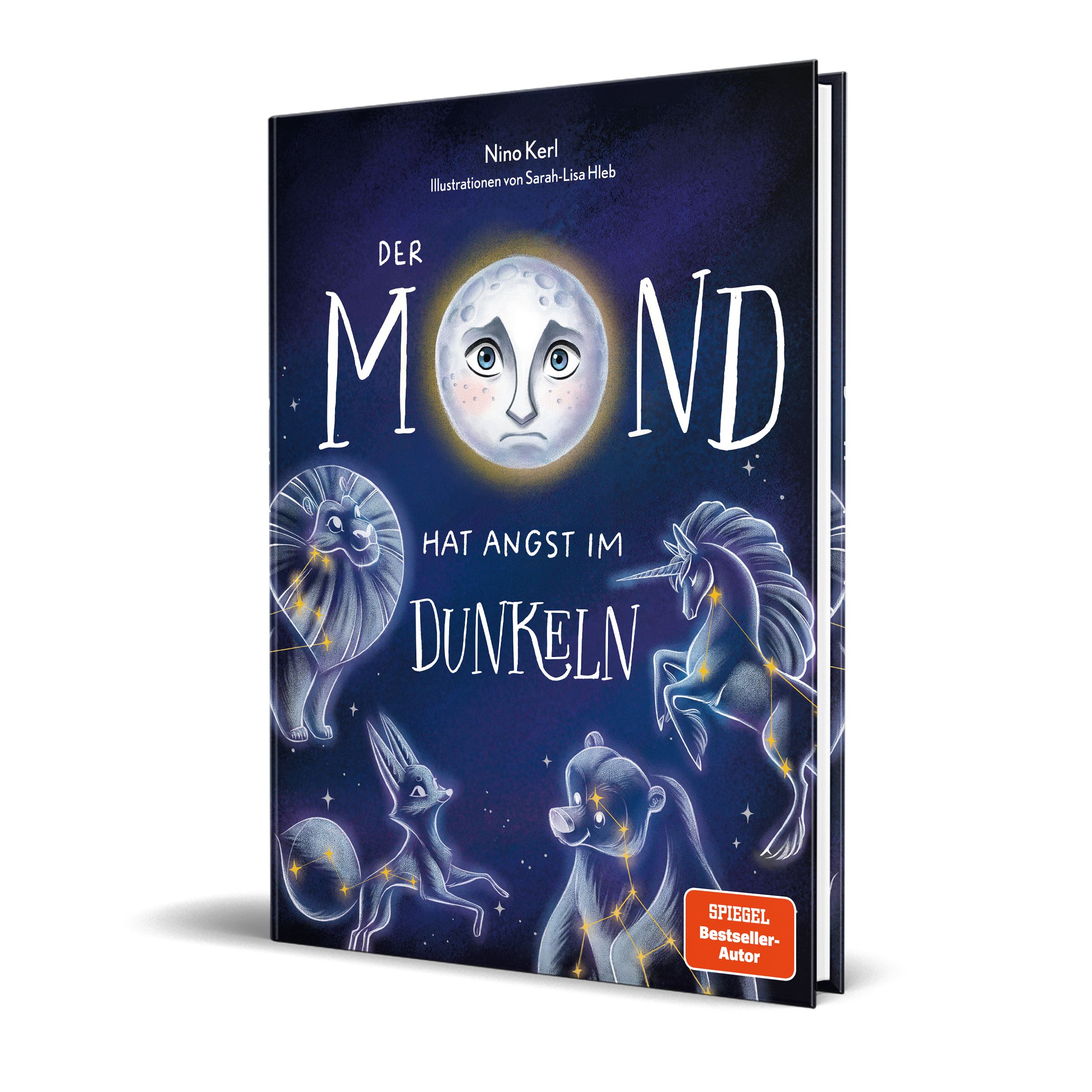 Buchcover mit Titel "Der Mond hat Angst im Dunkeln". Mondgesicht, Sternbilder, Tiere. Autorennamen.