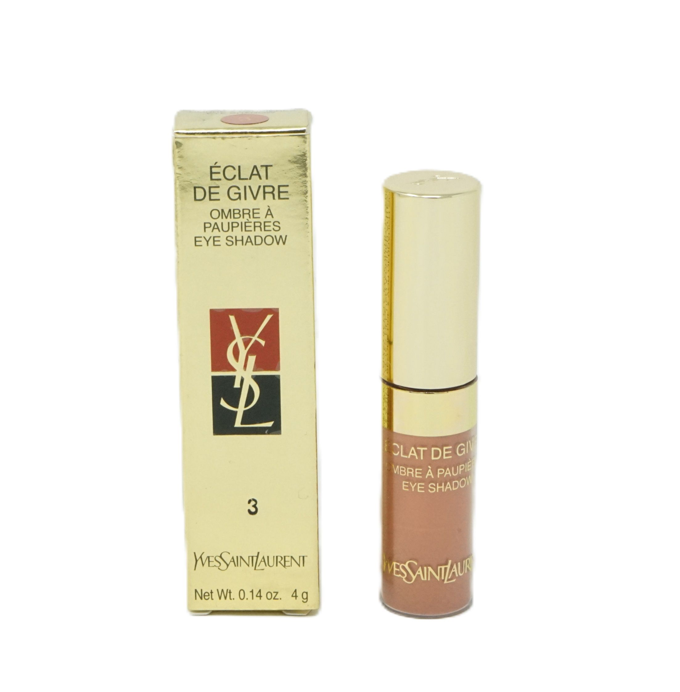 Yves Saint Laurent Eclat de Givre Lidschatten. Goldfarbene Hülse und Verpackung. Aufschrift: Eclat de Givre, Eye Shadow. Produktnummer 3.