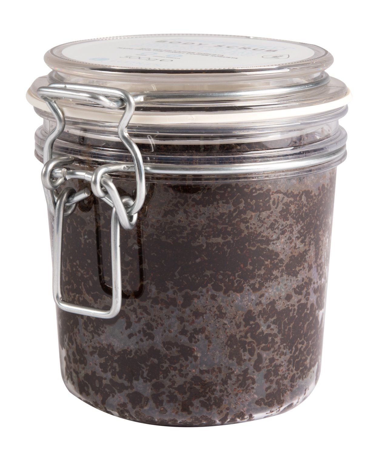 Glas mit Körperpeeling, Deckel mit Verschluss. Inhalt: braunes Peeling. Kaffeekuss Body Scrub.
