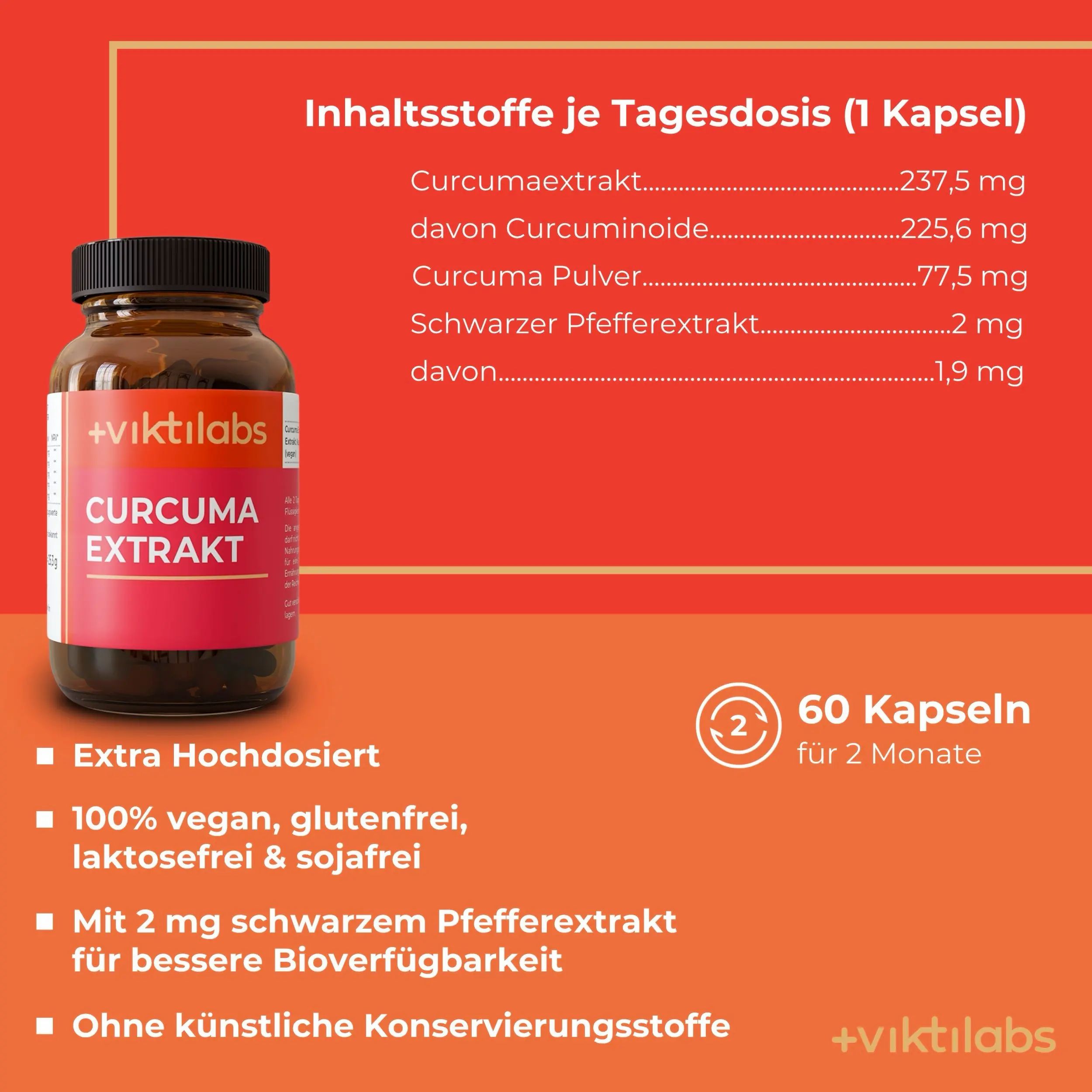 Flasche Viktilabs Curcuma Extrakt, 60 Kapseln, vegan, glutenfrei, laktosefrei.