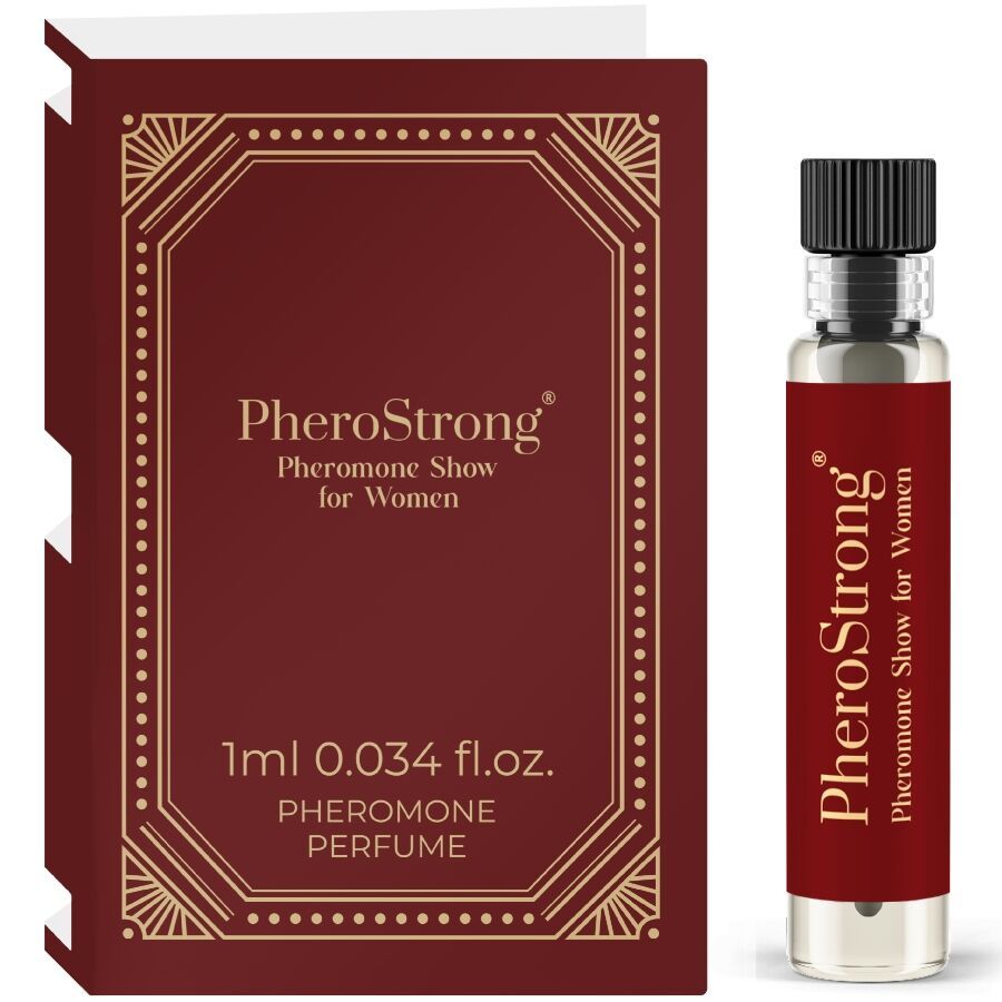 Flakon und Verpackung von PheroStrong. Roter Flakon mit schwarzem Verschluss. Rote Verpackung mit goldfarbenem Rahmen und Schriftzug.