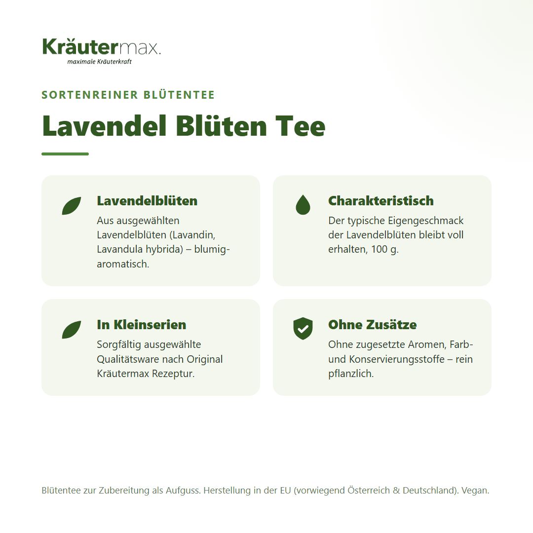 Lavendelblüten Tee von Kräutermax. 100g. Ausgewählte Lavendelblüten, blumig-aromatisch. Ohne Zusätze.