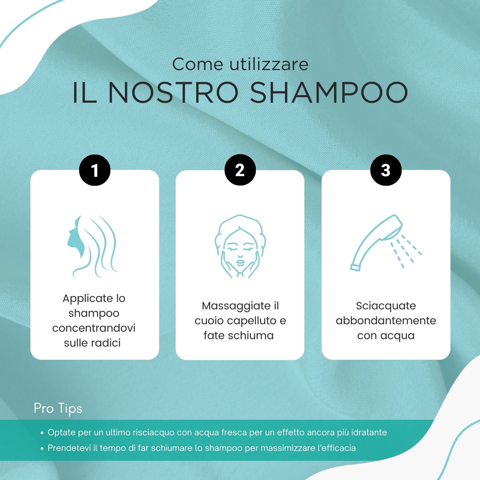 Testo: Come usare il nostro shampoo. 3 passaggi: Applicare, massaggiare, risciacquare. Suggerimenti.