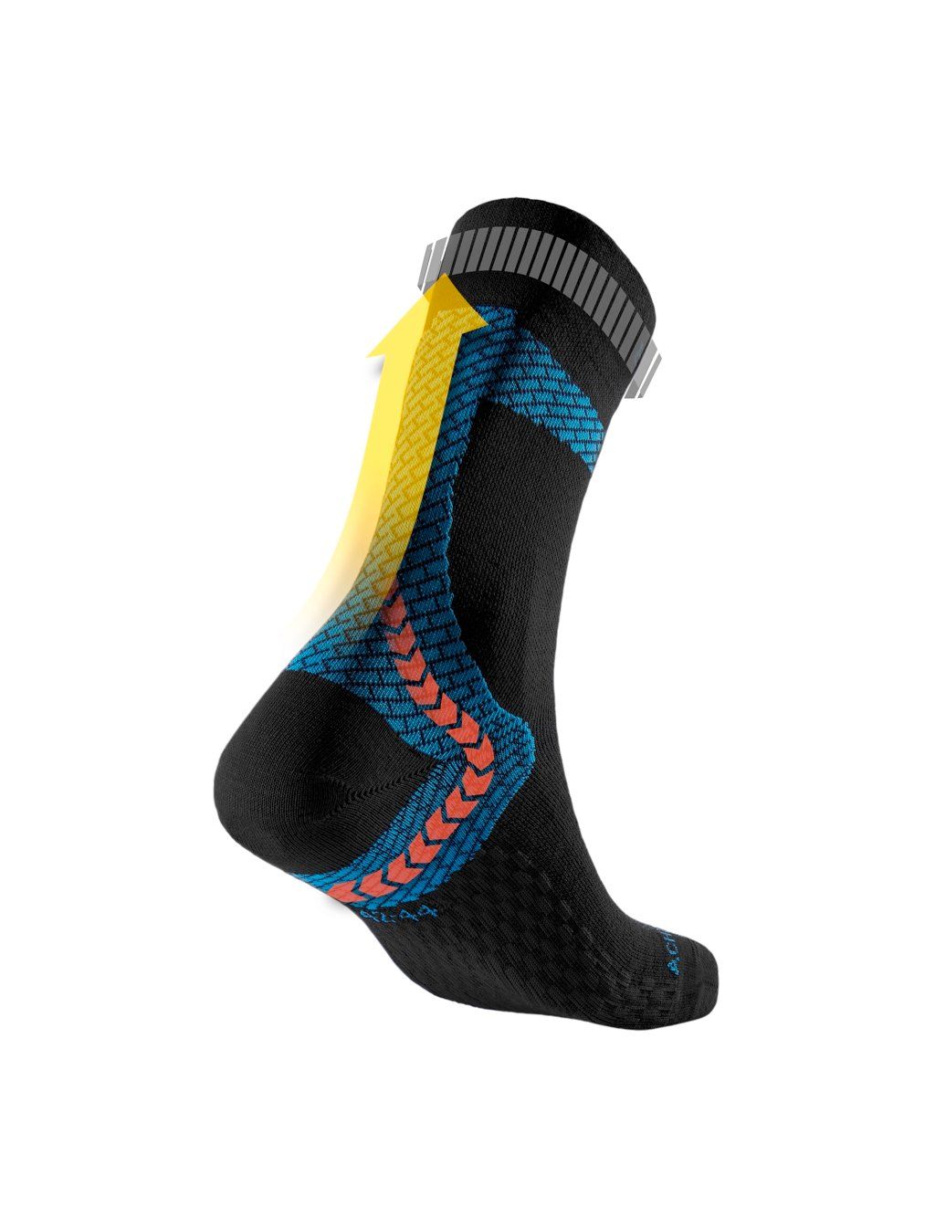 Il calzino Enforma Achilles Support, nero con un accento blu, mostra un'illustrazione del piede con aree evidenziate. Una freccia gialla illustra il supporto. Il nome del marchio è visibile.
