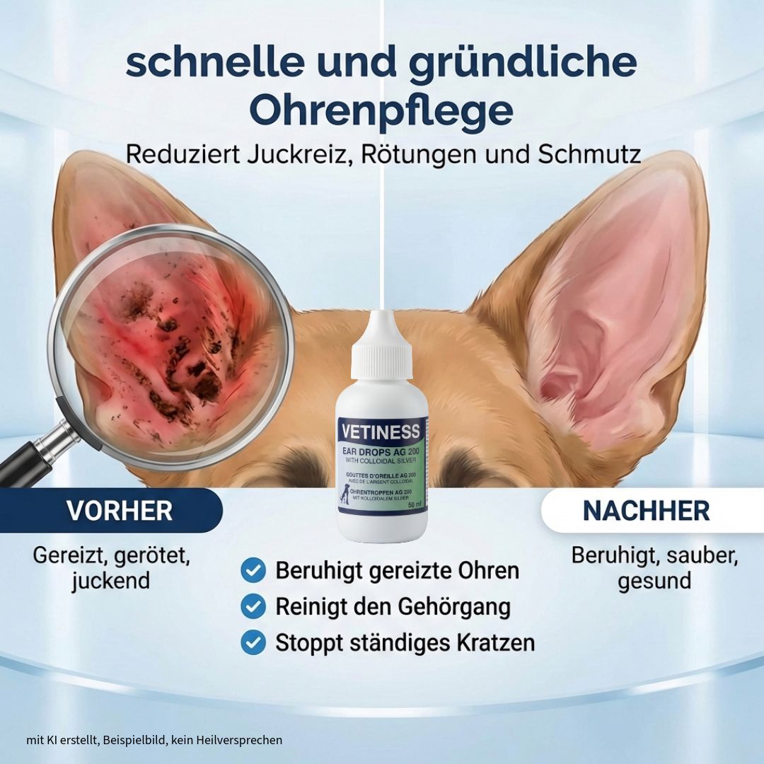 Ohrentropfen-Flasche vor Hundeohren. Vergrößerte Ansicht eines Ohres mit Juckreiz. Text: Schnelle und gründliche Ohrenpflege.