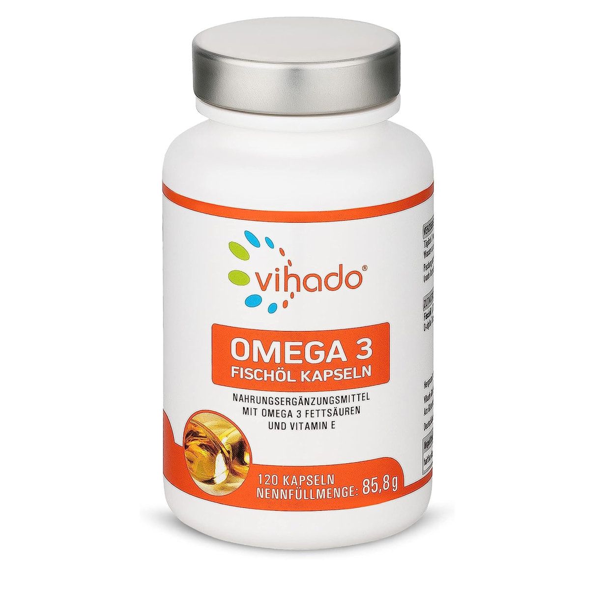 Flacone bianco di Omega 3 olio di pesce. Scritte: 120 capsule, 85,8g. Logo Vihado.