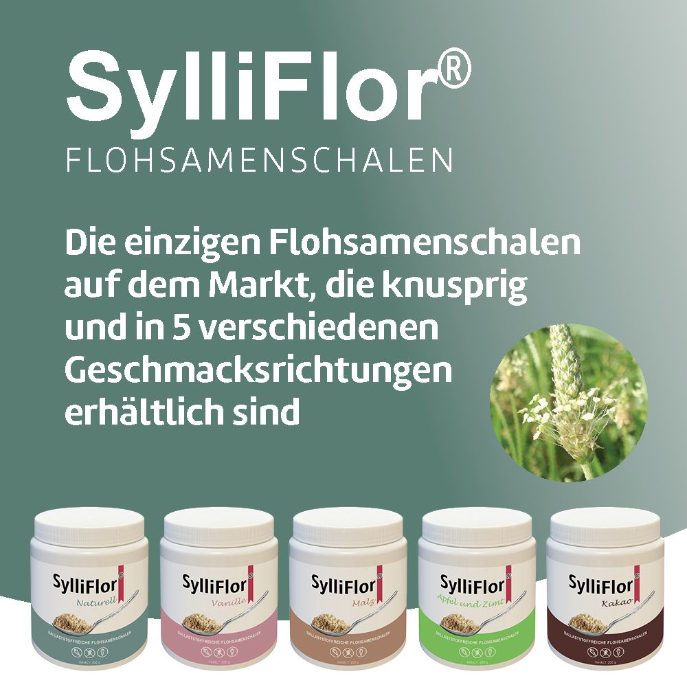 Fünf Produktgläser SylliFlor Flohsamenschalen. Text: Die einzigen Flohsamenschalen in 5 Geschmacksrichtungen.