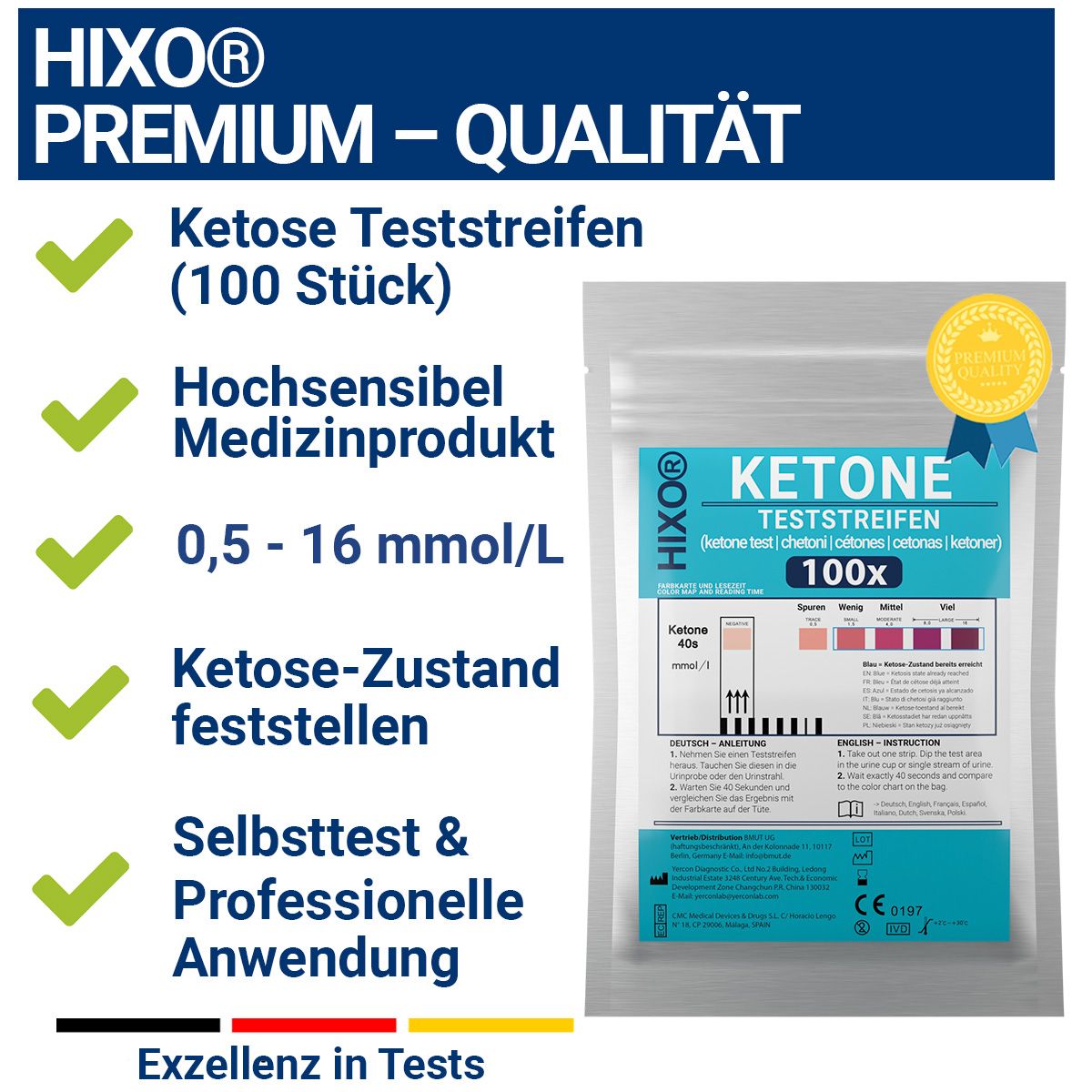 Verpackung mit HIXO Ketose Teststreifen. Aufgedruckte Informationen: Ketose Teststreifen, 100 Stück, Medizinprodukt.