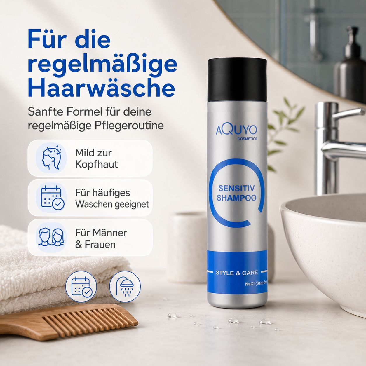 Flasche Sensitiv Shampoo in einem Badezimmer. "Für die regelmäßige Haarwäsche. Mild zur Kopfhaut, für Männer & Frauen".