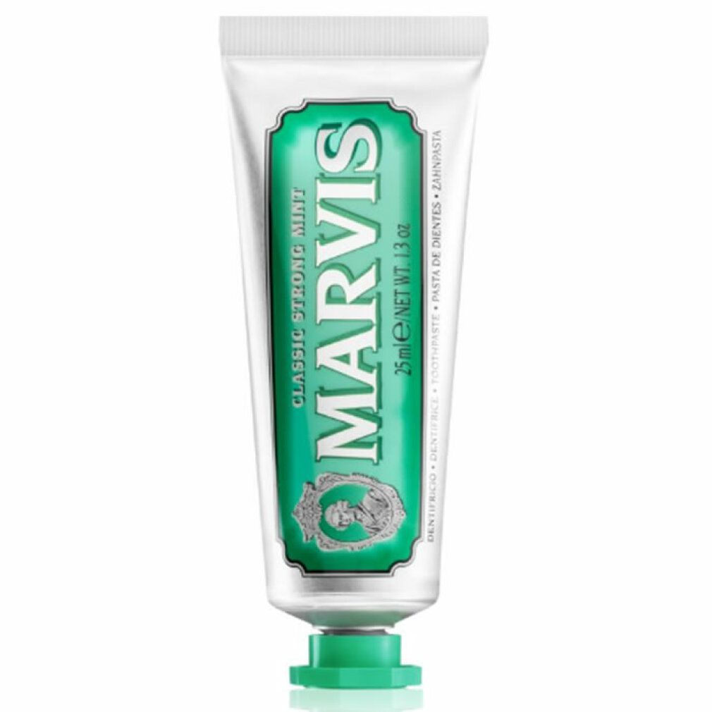 Zahnpasta-Tube, silberfarben mit grünem Verschluss. Aufschrift: MARVIS Classic Strong Mint. Enthält 25ml.