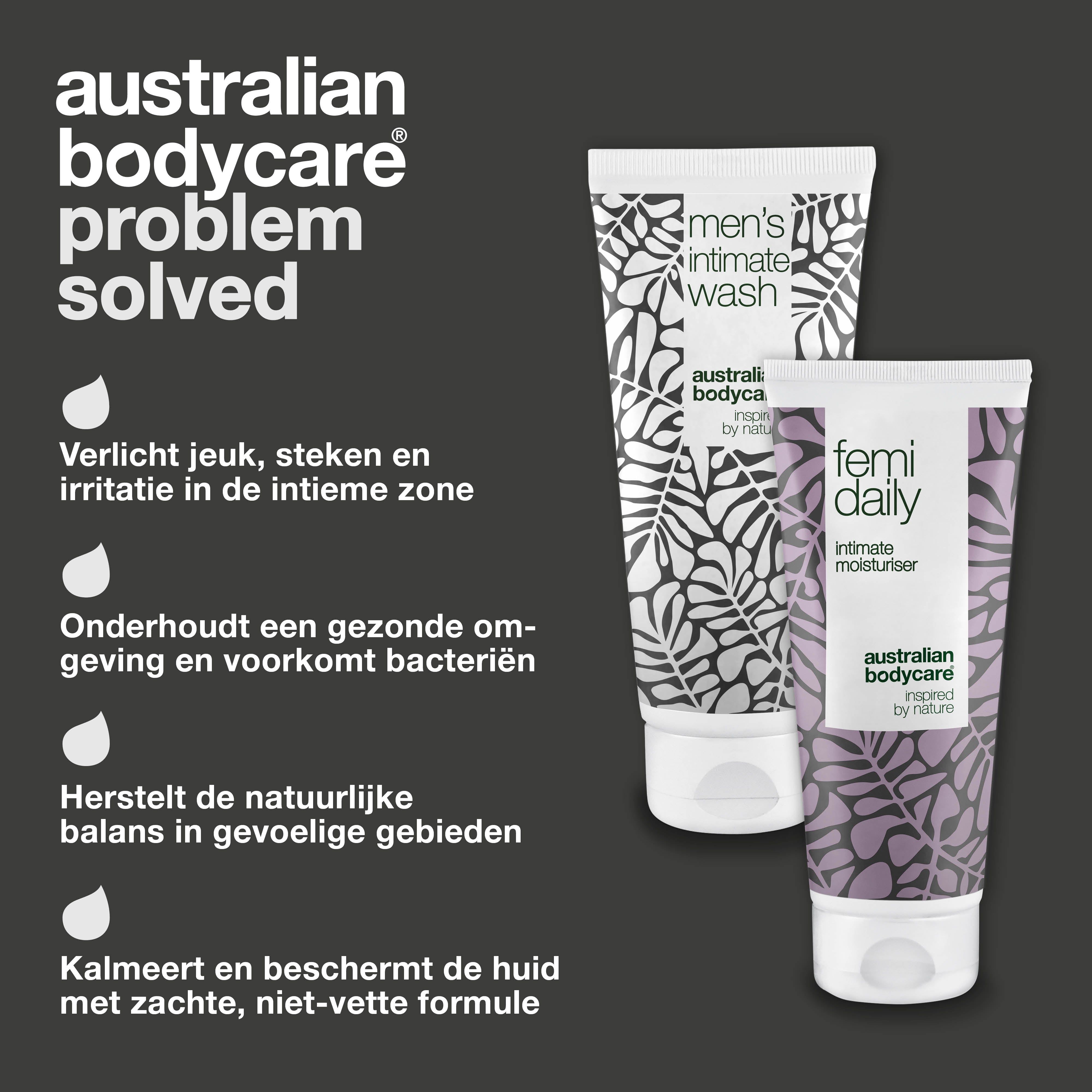 Twee tubes: "men's intimate wash" en "femi daily". Tekst: "probleem opgelost". Drie witte druppels.