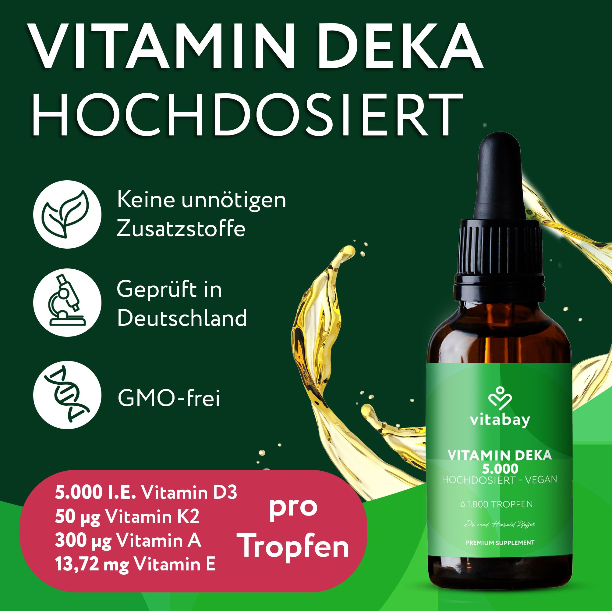 Braune Flasche mit Tropfer. Text: Vitamin Deka 5.000. 1.800 Tropfen. Pro Tropfen: Vitamin D3, K2, A, E. Marke: Vitabay.