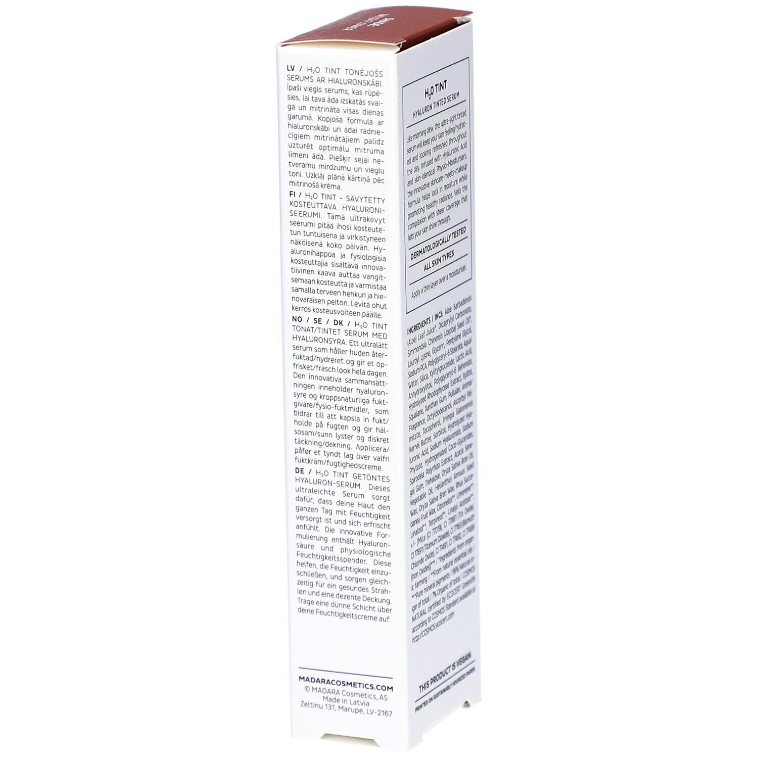 Produktverpackung mit Text in verschiedenen Sprachen. Aufschrift: MÁDARA, H2O TINT, Hyaluron Tinted Serum, Shade: Wild Flower. 30ml.