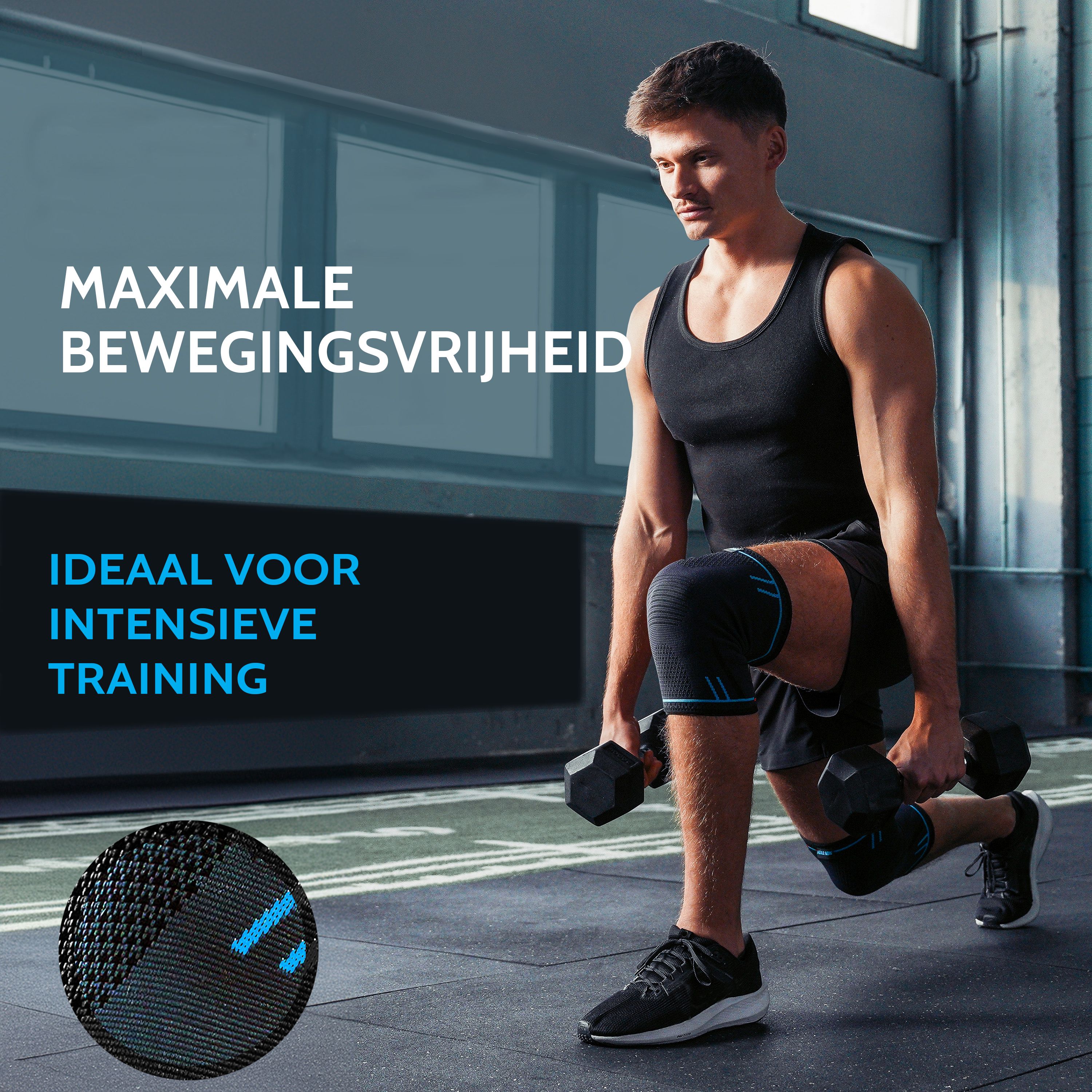 Man traint met dumbbells, kniebeschermers. Tekst: MAXIMALE BEWEGINGSVRIJHEID. Ideaal voor intensieve trainingen.