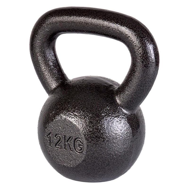 Schwarze Kettlebell mit Henkel. Aufschrift '12KG'.