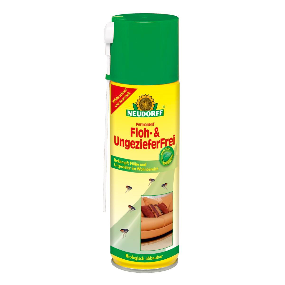 Sprühdose mit grünem Deckel und gelbem Etikett. Aufschrift: Neudorff Permanent Floh- & UngezieferFrei. Biologisch abbaubar.