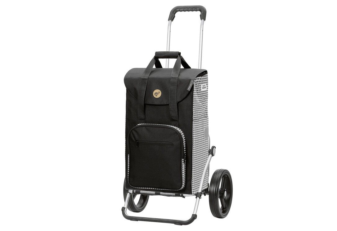 Schwarzer Einkaufstrolley mit silbernem Gestell und zwei Rädern. Obere Tasche mit Griff und kleiner Tasche.