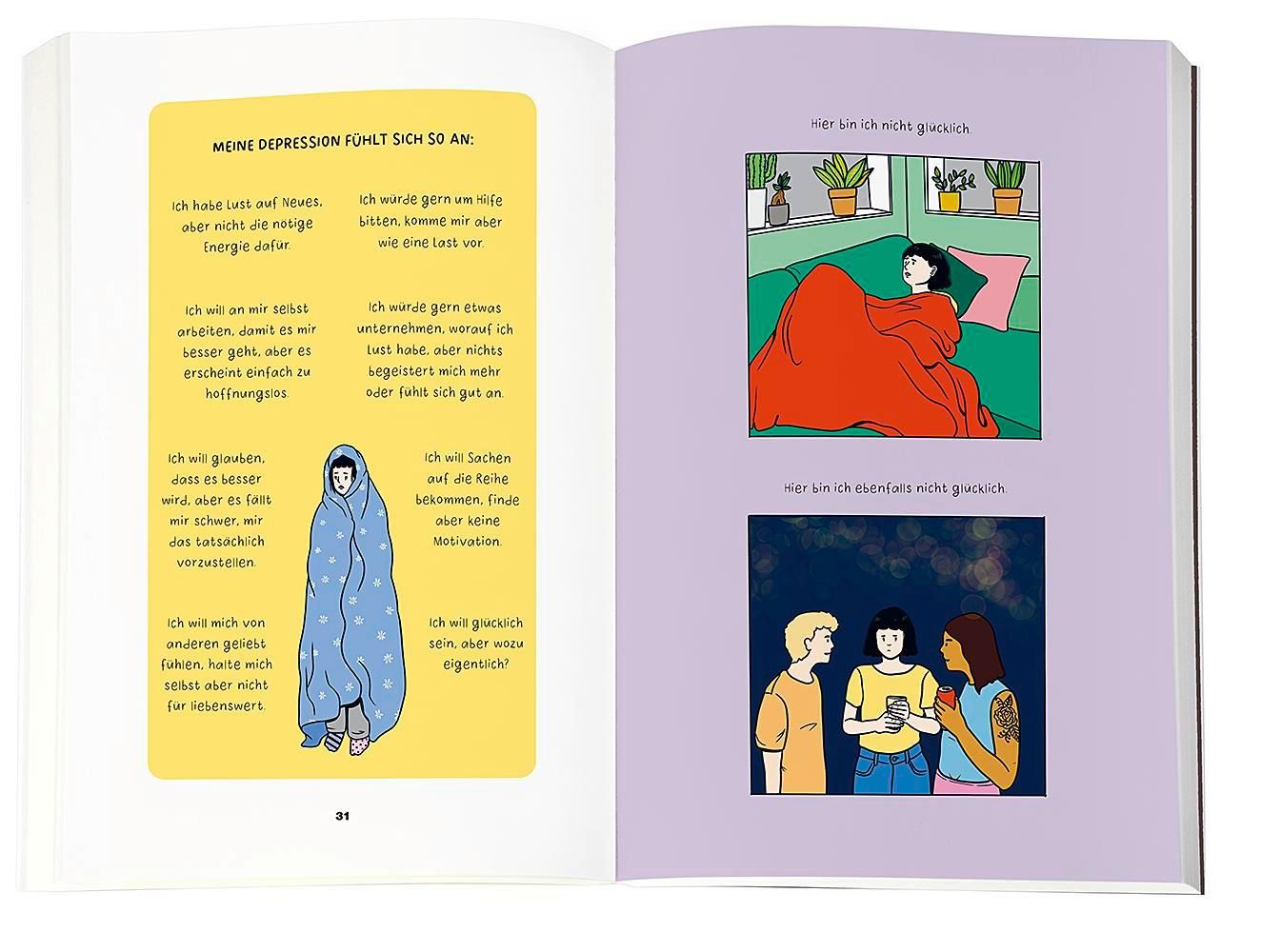 Buchinnenseite mit Illustrationen und Text. Thema: Depressionen. Text in deutscher Sprache. Illustrationen im Comic-Stil.